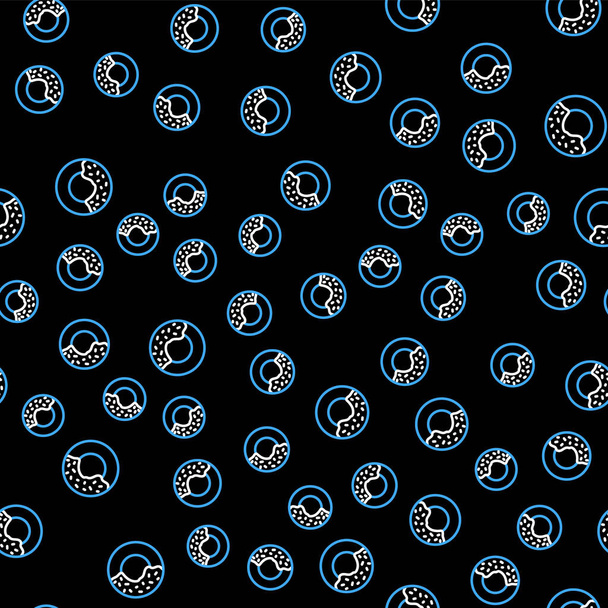 Line Donut mit süßer Glasur Ikone isoliert nahtlose Muster auf schwarzem Hintergrund. Vektor - Vektor, Bild