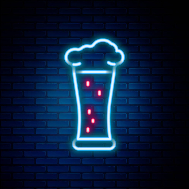Glowing neon line Glass of beer icon isolated on brick wall background. Colorful outline concept. Vector - Vector, Image
