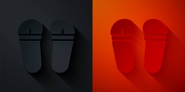 Paper cut Flip flops icon isolated on black and red background. Beach slippers sign. Paper art style. Vector - Vector, Image