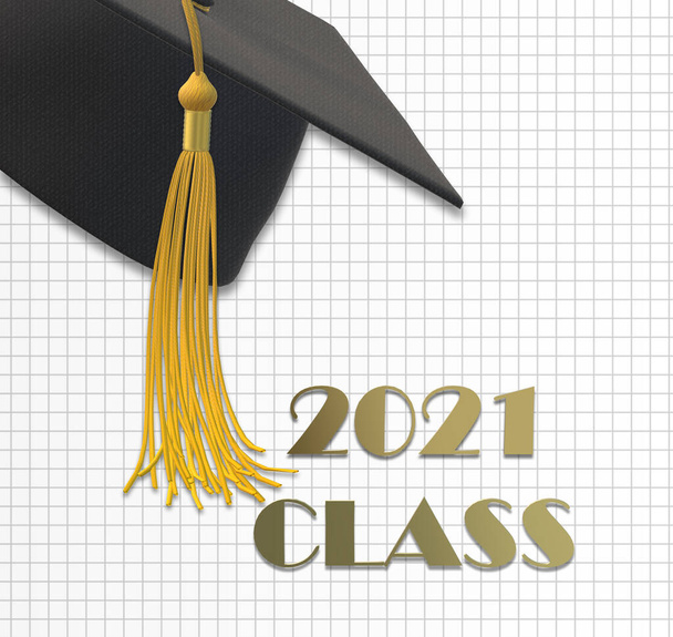Graduation 2021 class. Graduation cap with tassel, text 2021 class. 3D render - Photo, Image