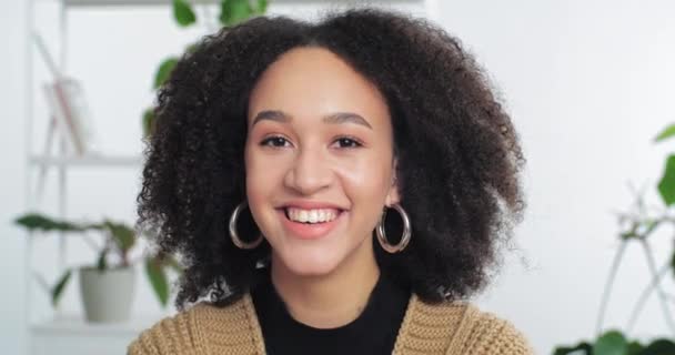 Retrato de webcam afroamericana chica con afro rizos en casa hace video de zonas a su mejor amigo o novio sonríe con broma de humor disfruta de la conversación en línea conferencia chat - Imágenes, Vídeo