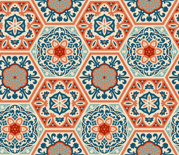 Azulejos de cerámica de cemento hexágono con dibujos decorados, patrón de vectores sin costuras, estilo patchwork. Azulejo portugués, talavera, baldosas marroquíes - Vector, imagen