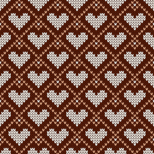 Knitted seamless cozy pattern with hearts. Nordic style sweater. Vector illustration for Valentines Day. Traditional holiday background. - Vector, Imagen