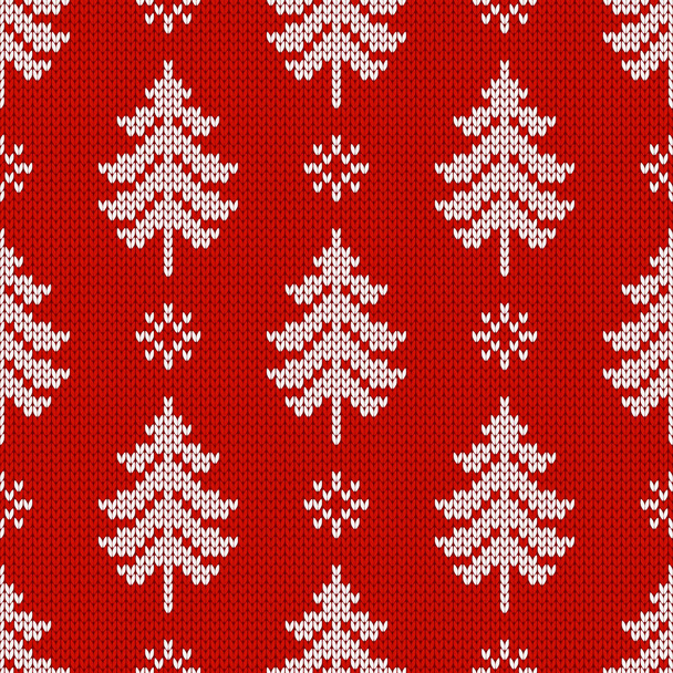 Winter traditional knitted pattern. Scandinavian style sweater. Seamless wool texture. Vector illustration with snowflakes and christmas trees. Holiday background. - Вектор,изображение