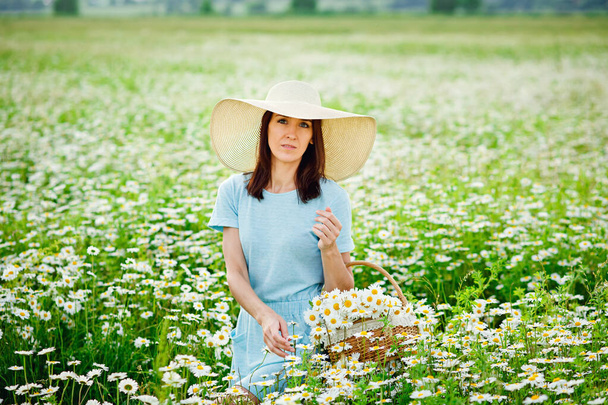 Beautiful woman with dark hair, blue dress and hat outdoors in a chamomile field. Collects flowers in a basket and a bouquet of daisies. Summertime. - Photo, image