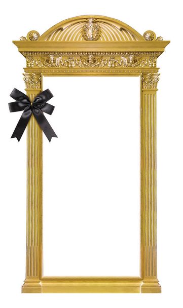 Cornice dorata con fiocco in lutto nero per quadri, specchi o foto isolate su sfondo bianco. Elemento di design con percorso di ritaglio - Foto, immagini