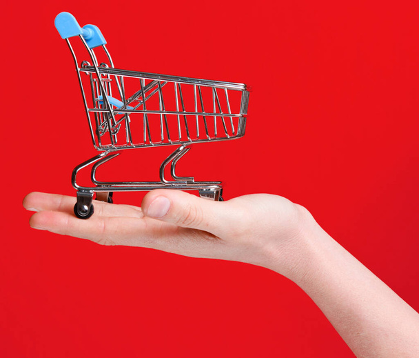 Mini toy metal shopping trolley on female hand on red background. Delivery concept - Photo, Image