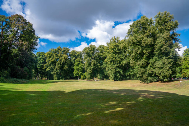 Hagaparken Park in Solna Nord Stockholm Mit offenen Wiesen und Grünflächen, großen Bäumen und Wald im Hintergrund.  - Foto, Bild