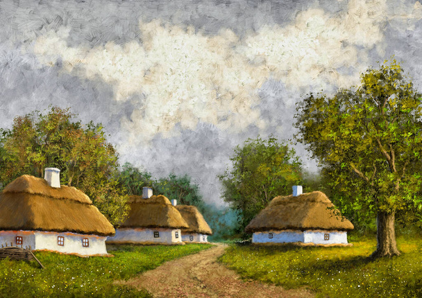 Ελαιογραφίες αγροτικό τοπίο, χωριό στην Ουκρανία, παλιό σπίτι στην ύπαιθρο. Καλές τέχνες. - Φωτογραφία, εικόνα