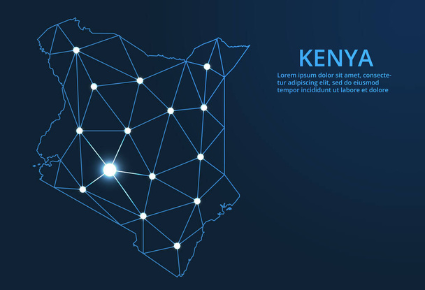 Mapa da rede de comunicação do Quénia. Vector baixa imagem poli de um mapa global com luzes na forma de cidades. - Vetor, Imagem
