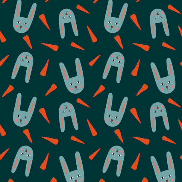 Bright color seamless pattern with cute bunny faces and carrots - Vector, imagen