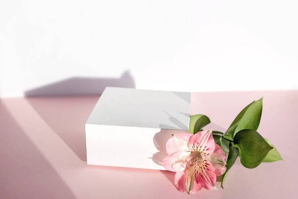 Bílý stánek s květinami pro prezentaci a výstavy na růžovém pozadí. Abstraktní trendy pódium pro organické kosmetické výrobky. Minimální styl. - Fotografie, Obrázek