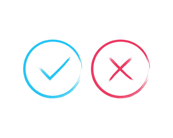 Τικ και σταυρόλεξα. Μπλε σήμα ελέγχου OK και κόκκινα εικονίδια Χ, απομονωμένα σε λευκό φόντο. Απλός γραφικός σχεδιασμός. Σύμβολα κύκλου ΝΑΙ και ΟΧΙ κουμπί για ψηφοφορία, απόφαση, web. Εικονογράφηση διανύσματος. - Διάνυσμα, εικόνα