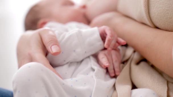 Close-up van pasgeboren baby 's handen liggend op moeder tijdens het zuigen borst en het eten van melk. Concept van gezonde en natuurlijke baby borstvoeding. - Video