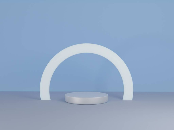 Szene mit Podium für Mock-up-Präsentation in blauer Farbe und minimalistischem Stil mit Kopierraum, 3D-Rendering abstrakte Hintergrundgestaltung - Foto, Bild