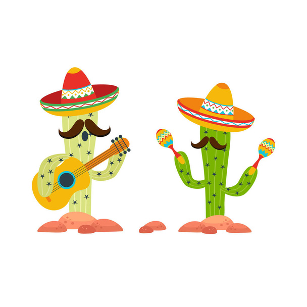Mexico icons cactus in sombrero with guitar and maracas on white - Vector, Image