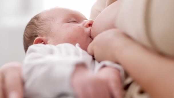 Zbliżenie młodej troskliwej matki trzymającej i przytulającej swojego synka ssącego pierś i jedzącego mleko. Pojęcie zdrowego i naturalnego żywienia piersią dla niemowląt. - Materiał filmowy, wideo
