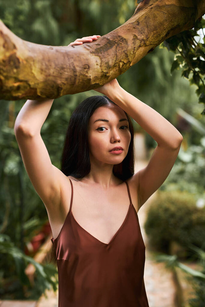 portrait of pacified brunette woman posing against backdrop of tropical tree - Photo, image