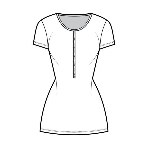 Shirt dress mini technical fashion illustration with henley neck, short sleeves, fitted body, Pencil fullness, stretch - Vettoriali, immagini