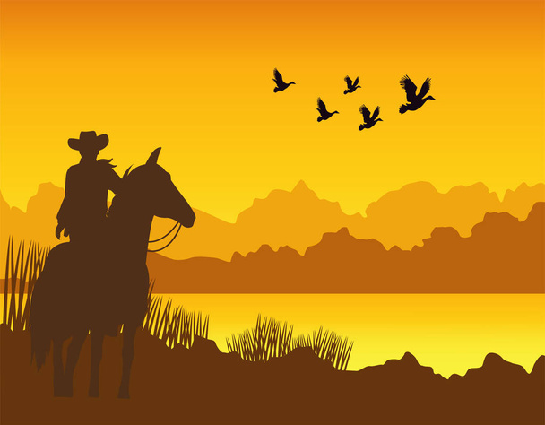 sauvage ouest coucher de soleil désert scène avec cow-boy dans cheval et goélands volant - Vecteur, image