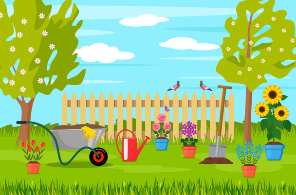 wiosenny krajobraz w ogrodzie z zieloną trawą, kwiatami, taczką ogrodową, łopatą. koncepcja ogrodu. ilustracja wektora - Wektor, obraz