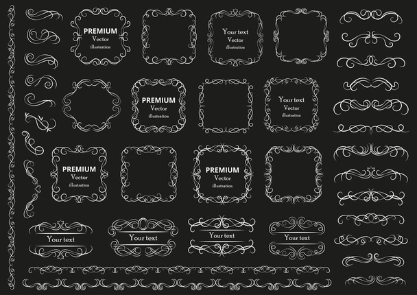 Kalligrafische Designelemente. Dekorative Strudel oder Schriftrollen, Vintage-Rahmen, Blüten, Etiketten und Trennwände. Retro-Vektor-Illustration - Vektor, Bild