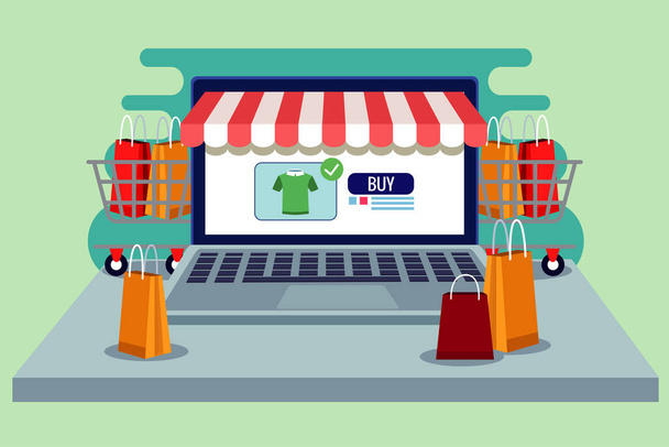 online shopping technology in laptop with shopping bags and carts - Vector, Image