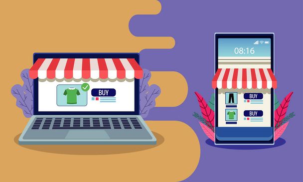 tecnologia di shopping online su smartphone e laptop - Vettoriali, immagini