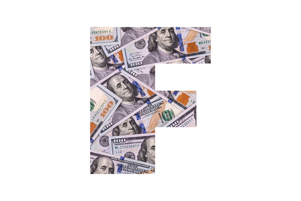 F, Latin alfabesinden bir harf. Tüm alan kaotik bir şekilde beyaz arka planda 100 dolarlık banknotlarla dolu. - Fotoğraf, Görsel