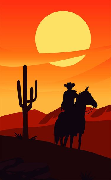 馬とサボテンのカウボーイと野生の西の夕日のシーン - ベクター画像