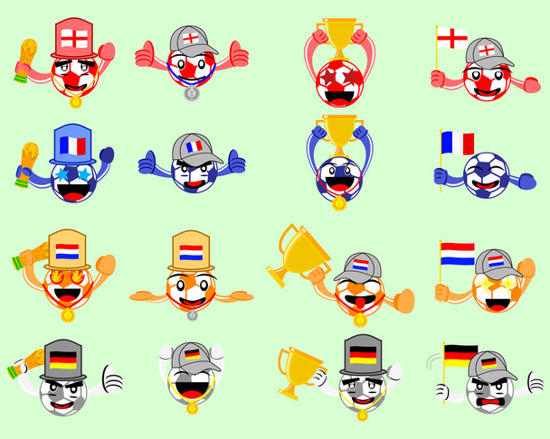 Illustratie vector grafisch stripfiguur van een iconische verzameling voetballers en supporters van Engeland, Frankrijk, Nederland en Duitsland - Vector, afbeelding