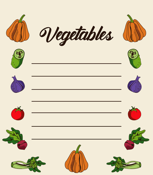 vegetables lettering in paper note with nutritive food - Vector, Image