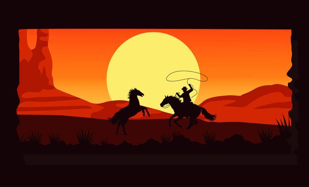 salvaje oeste desierto puesta de sol escena con vaquero y caballos - Vector, Imagen