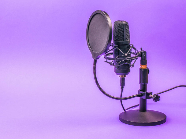 Kondenzátorový mikrofon s difuzorem na fialovém pozadí. Zařízení pro záznam zvuku. - Fotografie, Obrázek