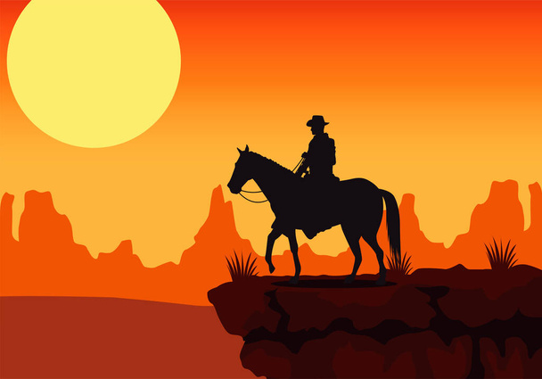 divoký západ západ západ slunce scéna s koněm a kovbojem v poušti - Vektor, obrázek