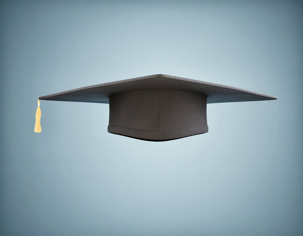 Black graduation hat on a blue background Symbolic concept of graduation 3d illustration - Foto, afbeelding