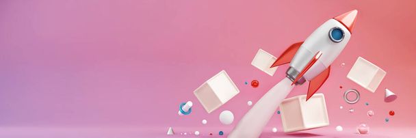 Rocket on pastel colorful background, abstract design banner web template. Developer concept and accelerator booster. 3d llustration. - Photo, Image