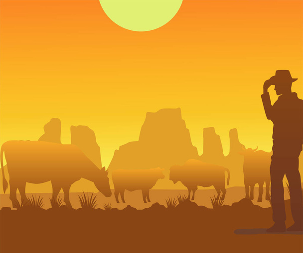 カウボーイと牛と野生の西の夕日のシーン - ベクター画像