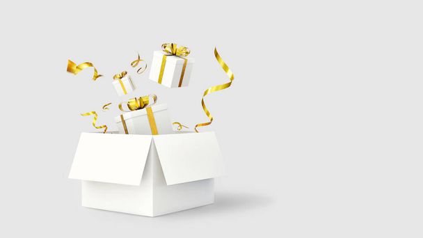 Caja de regalo blanca con cinta dorada que abre la sorpresa sobre fondo blanco con espacio de copia y ruta de recorte, renderizado 3D. - Foto, Imagen