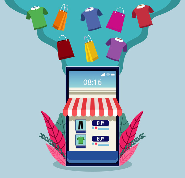 технологии онлайн покупок со смартфоном и футболками - Вектор,изображение