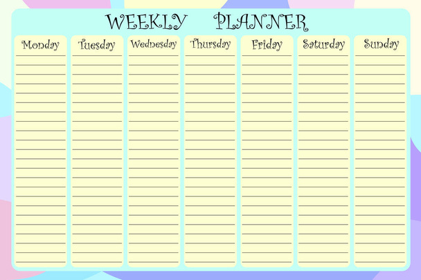Week planner in cartoon style. Business organizer. Calendar design template. Watercolor week planner. Stock image. EPS 10. - Vector, Image