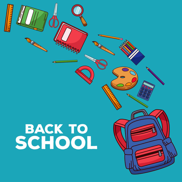πίσω στο σχολείο γράμματα με σχολική τσάντα και προμήθειες - Διάνυσμα, εικόνα