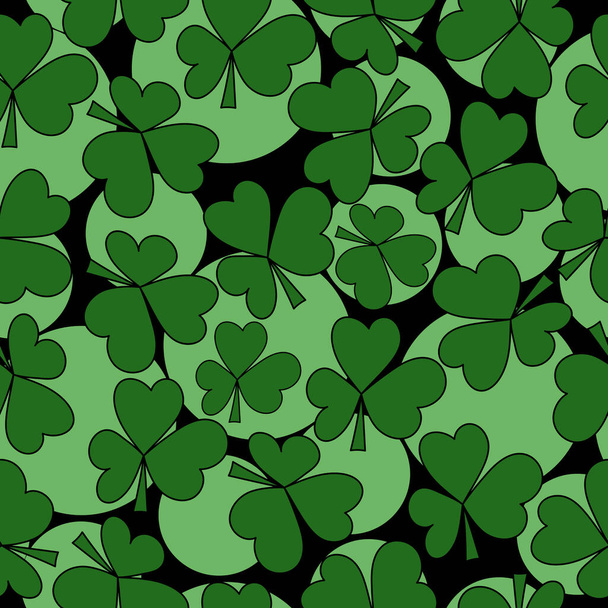 Naadloos patroon van klaverbladeren en lichtgroene cirkels van verschillende afmetingen op een zwarte achtergrond, symbool van geluk en St. Patrick 's day illustratie - Vector, afbeelding
