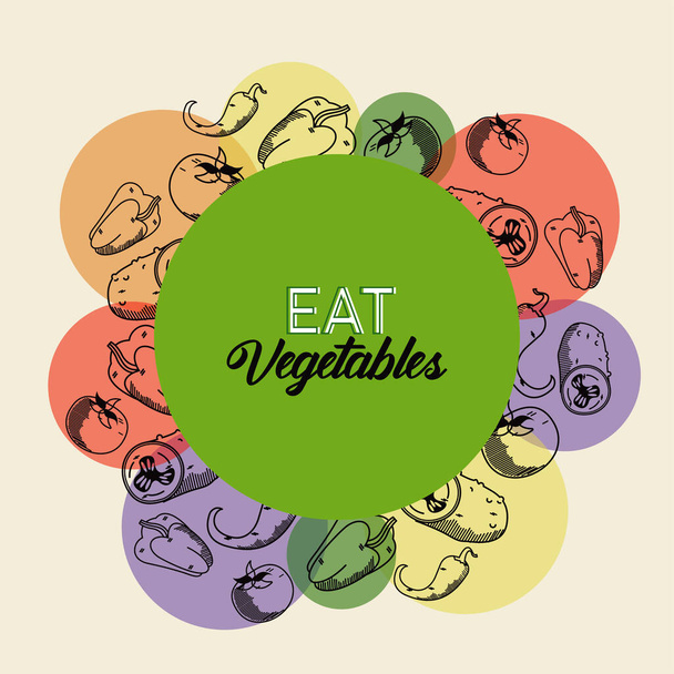 comer verduras con letras de alimentos saludables en marco circular - Vector, Imagen