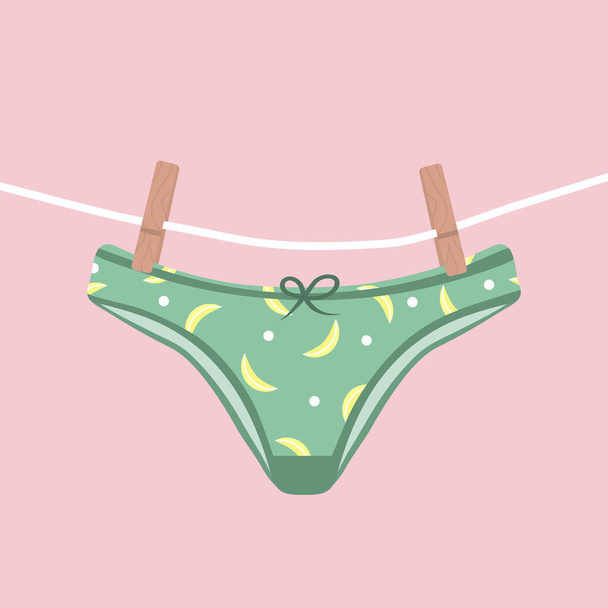 Modern female panties dried on a rope. Cute colorful knickers after washing. Trendy undergarments. Vintage vector illustration in flat cartoon style. Suitable for logo, icon, banner - Vector, Image
