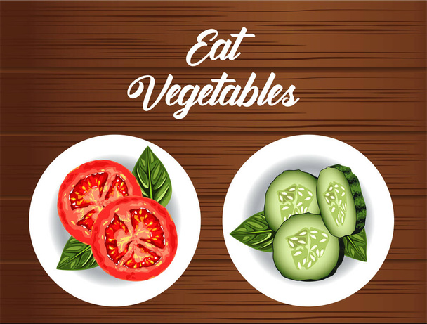 mangiare verdure lettering poster con cibo sano nei piatti - Vettoriali, immagini