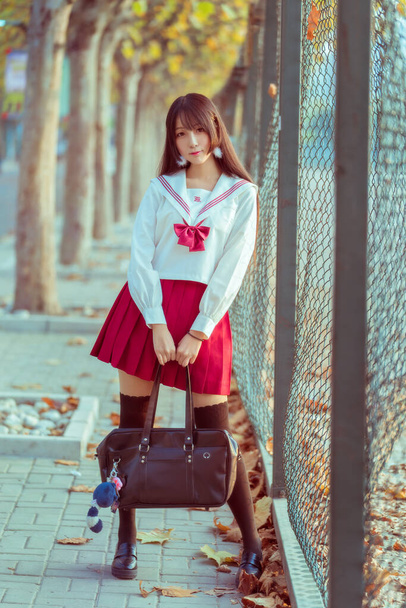 Okul bahçesinde üniformalı bir kız.  - Fotoğraf, Görsel
