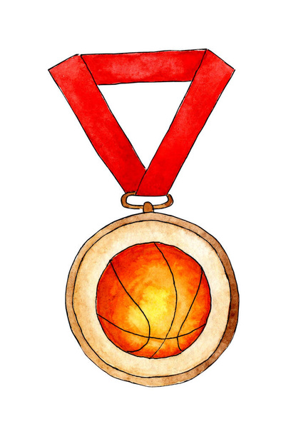 水彩イラストメダル受賞バスケットボール。オレンジ色のボールとゴールドメダル、赤いリボン。トロフィー、賞、勝利、競争、スポーツ、チャンピオンシップ。白に隔離された. - 写真・画像
