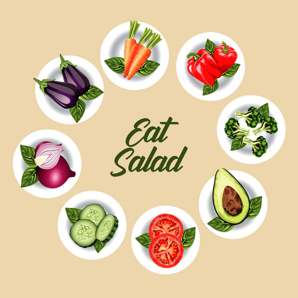 サラダレタリングのポスターを野菜と一緒に皿の中で食べる - ベクター画像