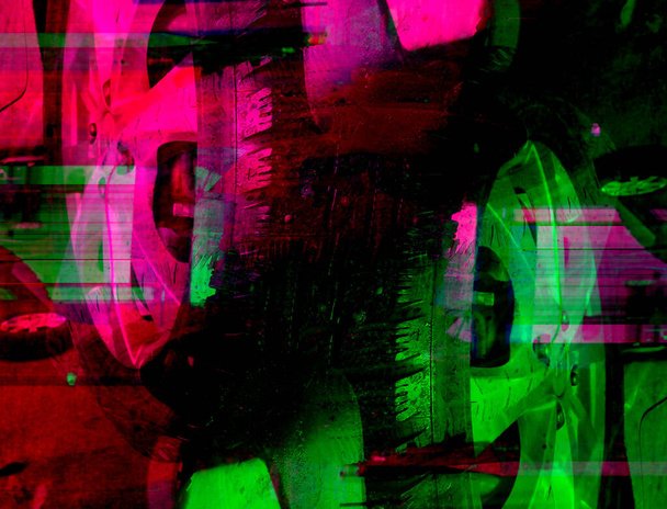 Abstrakter Hintergrund in Rot, Grün und Blau, mit spektakulärem Rhythmus und Einschüben. Surreales Bild in modernem Stil. Für Ihre Tapeten, Kunstprojekte und Werke - Foto, Bild